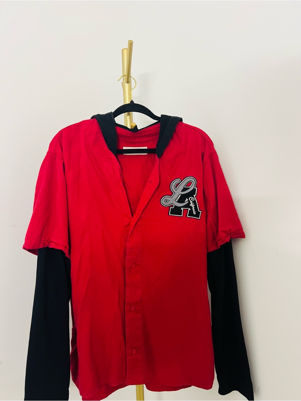 Hollister Red Baseball-Style Layered Hoodie Shirt